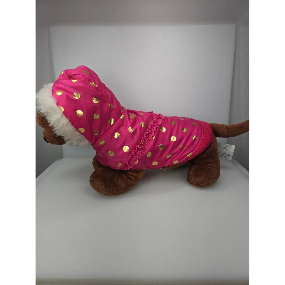 Top Paw Pink Dog Coat Ruffled Gold Metallic Dots Puffy Fleece Lined Hoodie Small